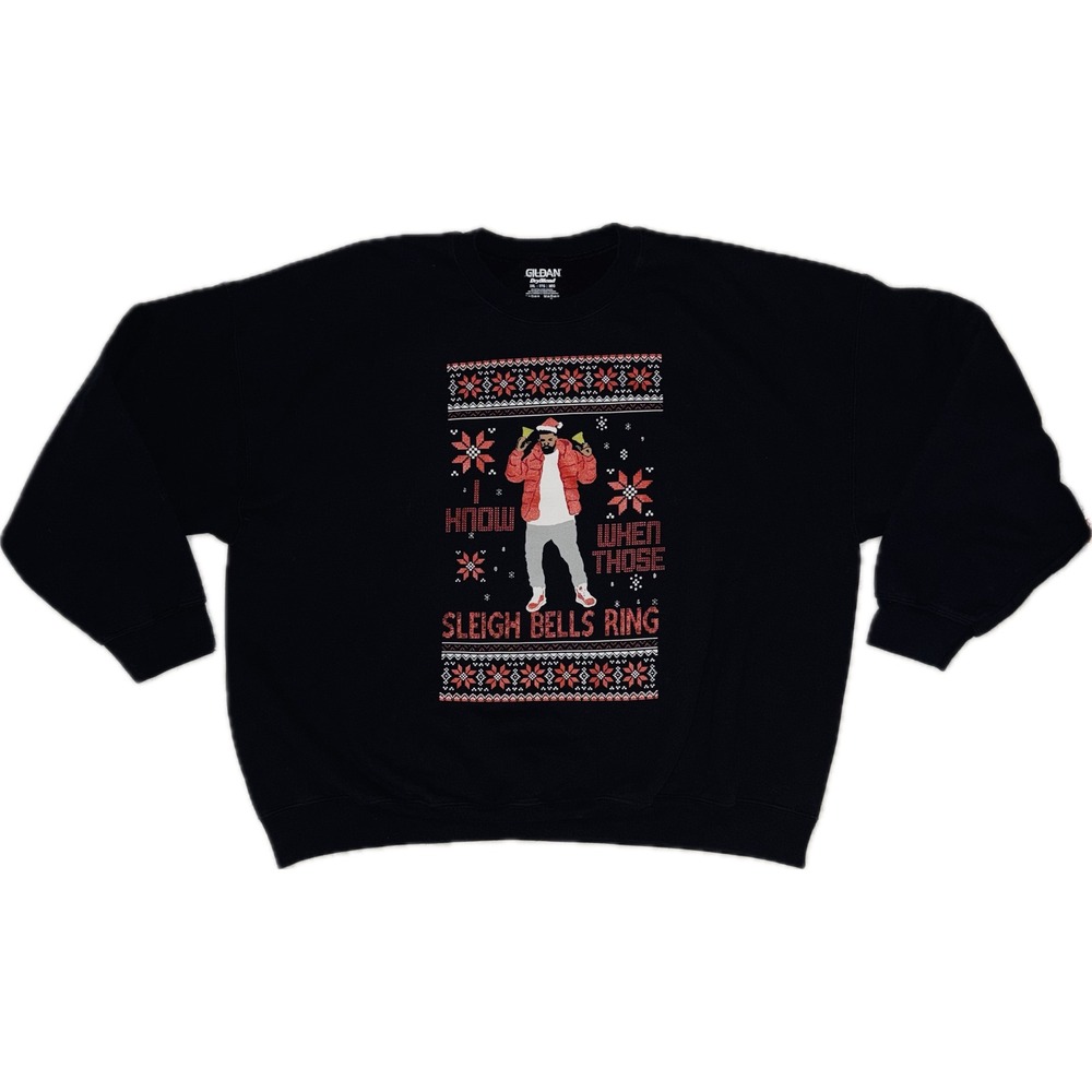 Gildan Sweatshirt 3XL Black Drake Sleigh Bells Ring‎ Ugly Christmas Sweater Crew